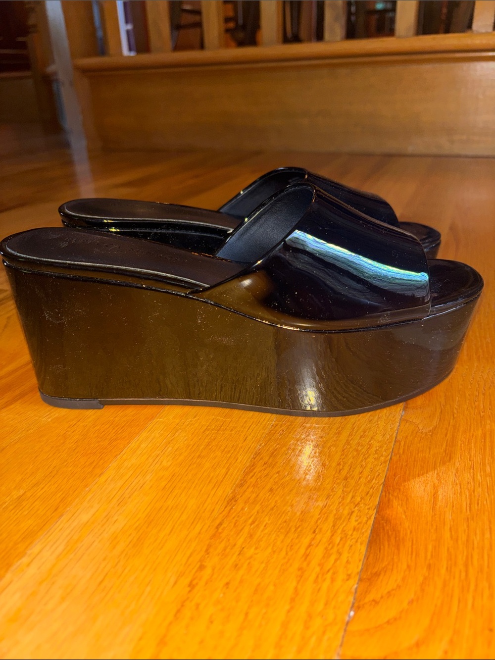 Rebecca Minkoff Black Patent Platform Wedge Slides